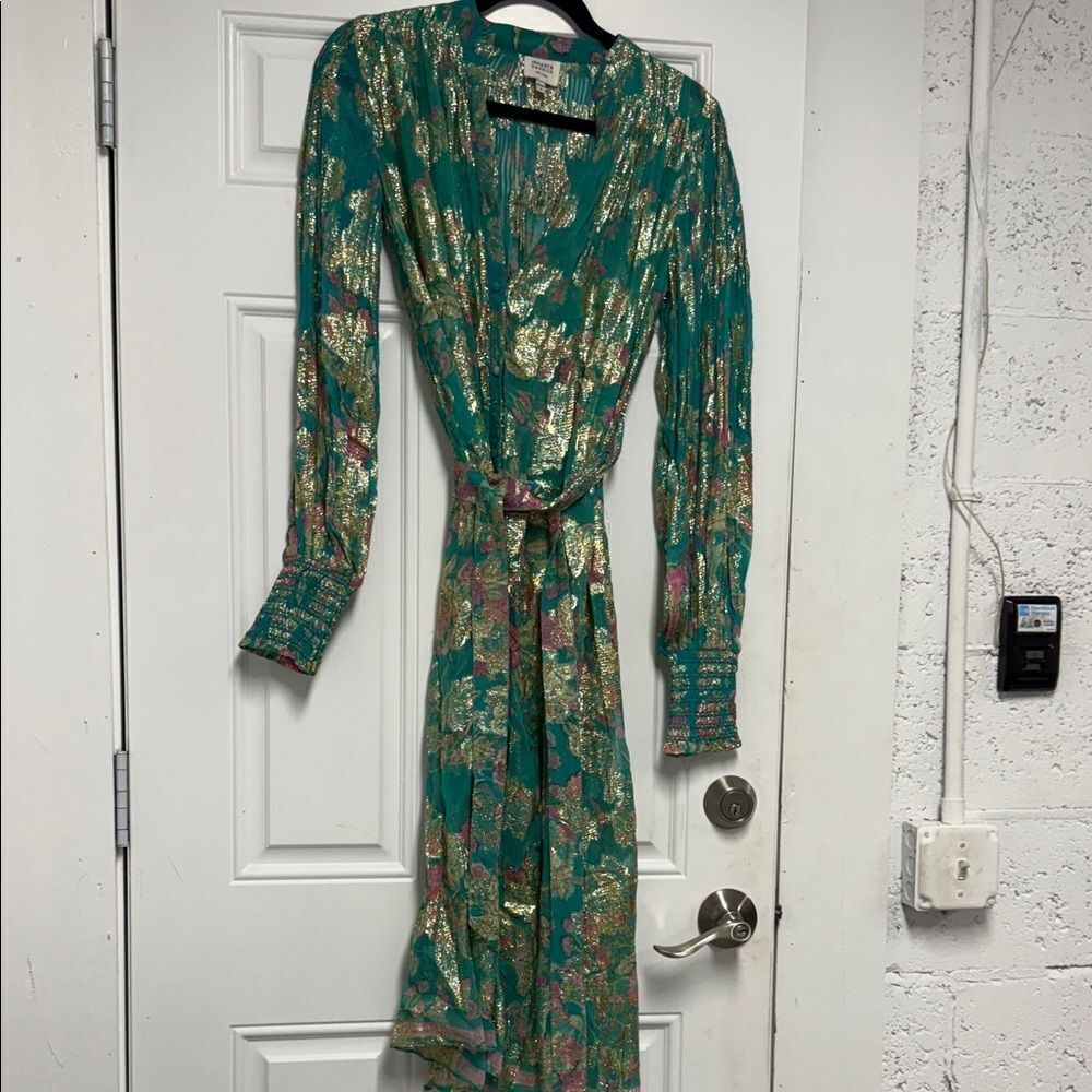 HEMANT & NANDITA Teal and Gold Long Sleeve Dress Cover Up Button Down Dress